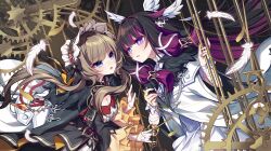  2girls bare_shoulders black_hair blue_eyes breasts brown_hair columbina_(genshin_impact) commentary_request detached_collar detached_sleeves dress eye_mask frilled_sleeves frills frown genshin_impact gloves head_wings headdress highres kozakura_(dictionary) long_hair looking_at_viewer mask medium_breasts multicolored_hair multiple_girls off-shoulder_dress off_shoulder pink_eyes purple_hair ribbon sandrone_(genshin_impact) short_hair_with_long_locks smile upper_body white_dress white_gloves white_ribbon wings 