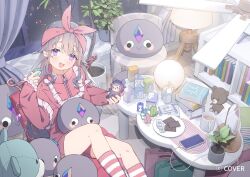  1girl :d bow_hairband ceiling_fan cellphone chair colored_inner_hair commentary_request copyright_notice cup frilled_jacket frills gradient_hair grey_hair hair_flaps hairband hand_jewel hoji_(hooooooooji1029) holding holding_stuffed_toy hololive hololive_english indoors jacket jewel_under_eye kneehighs koseki_bijou long_hair looking_at_viewer metal_wings mirror multicolored_hair night official_art on_chair open_box open_mouth pebble phone pink_hair pink_hairband pink_jacket pink_shorts pink_socks plant potted_plant short_shorts shorts sidelocks sitting smartphone smile socks solo striped_clothes striped_socks stuffed_toy table very_long_hair violet_eyes virtual_youtuber 