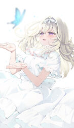 1girl blue_butterfly bug butterfly dress eyelashes grey_hair hair_intakes hairband half-closed_eyes highres light_blush long_hair meitantei_precure! moria_luluka natsume_eri parted_lips precure sidelocks smile solo violet_eyes white_background white_dress white_hairband 