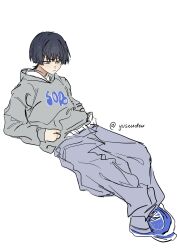  1boy alternate_costume arms_at_sides baggy_clothes baggy_pants black_hair blue_shoes blunt_ends bright_pupils casual closed_mouth contemporary cross-laced_shoes frown full_body genshin_impact grey_eyes grey_hood grey_hoodie grey_pants grey_sleeves highres hood hood_down hoodie long_sleeves looking_down male_focus pants scaramouche_(genshin_impact) shoes sneakers solo tsurime twitter_username white_background white_pupils wispy_bangs ysnden 
