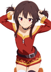  1girl absurdres asymmetrical_legwear bandaged_leg bandages belt_collar black_thighhighs boots brown_hair bunching_hair closed_mouth collar commentary_request dot_nose dress gold_trim highres kneeling knees_out_of_frame kono_subarashii_sekai_ni_shukufuku_wo! long_sleeves looking_at_viewer megumin mismatched_legwear off-shoulder_dress off_shoulder orange_boots red_dress red_eyes ryo4423 short_hair_with_long_locks short_twintails simple_background smile solo split_mouth thigh-highs thighs twintails white_background zettai_ryouiki 