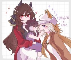  3girls animal_ears brown_hair dailytachycafe dress gentildonna_(umamusume) grabbing_another's_face hat hat_with_ears head_grab highres horse_ears horse_girl lucky_lilac_(umamusume) multicolored_hair multiple_girls orange_hair orfevre_(umamusume) parent_and_child purple_dress red_eyes umamusume umamusume_horse_relations violet_eyes white_hair white_hat 