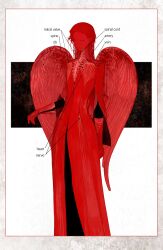  1girl absurdres arm_at_side bird_wings colored_skin diagram dress english_text expressionless feet_out_of_frame flesh gloves hand_up heart heart_(organ) highres kmkmkmkm long_hair original personification red_dress red_gloves red_hair red_skin red_theme red_wings solo wings 