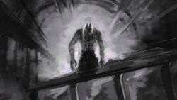  1boy absurdres commentary english_commentary eyes_in_shadow glowing glowing_eyes greyscale highres horror_(theme) jujutsu_kaisen looking_at_viewer mahito_(jujutsu_kaisen) male_focus monochrome nitrovu solo standing stitched_arm stitched_face stitched_torso stitches topless_male tunnel white_hair 