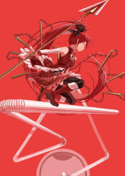  1girl absurdres chain chinese_commentary commentary_request detached_sleeves drinking_straw full_body highres holding holding_polearm holding_weapon long_hair looking_to_the_side magical_girl mahou_shoujo_madoka_magica minisons polearm ponytail profile red_background red_eyes red_hair red_theme sakura_kyoko sakura_kyoko_(magical_girl) simple_background sitting solo spear weapon 