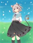  1girl adapted_costume akagashi_hagane alternate_costume animal animal_ears arms_behind_back basket black_legwear capelet grey_hair kneehighs mouse mouse_ears mouse_tail nazrin petals red_eyes shirt short_hair skirt sky smile solo tail touhou 