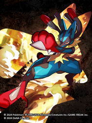  1other black_fur blue_fur body_fur commentary_request copyright_logo furry king_gidora logo lucario mega_lucario mega_pokemon multicolored_fur official_art other_focus pokemon pokemon_(creature) pokemon_focus pokemon_tcg pokemon_tcg_pocket red_eyes red_fur snout solo spikes yellow_fur 