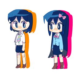  1boy 1girl alternate_costume arms_at_sides aubrey_(headspace)_(omori) aubrey_(omori) belt black_belt blue_cardigan blush boots bow bright_pupils brown_boots brown_shoes cardigan chibi chibi_only chinese_commentary closed_mouth collared_shirt commentary_request diagonal-striped_clothes diagonal-striped_necktie double-parted_bangs hair_between_eyes hair_bow high_heel_boots high_heels highres huasuan69416 invisible_floor kel_(headspace)_(omori) kel_(omori) long_hair long_sleeves looking_at_another necktie omori pink_bow purple_hair purple_shorts purple_skirt shirt shoes short_hair short_sleeves shorts sidelocks skirt smile standing striped_clothes striped_necktie violet_eyes white_pupils white_shirt 