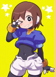  1girl absurdres aile_(mega_man_zx) black_bodysuit black_eyes blonde_hair blue_jacket bodysuit brown_hair buzzlyears checkered_background commentary cowboy_shot cropped_jacket heart heart-shaped_pupils highres jacket mega_man_(series) mega_man_zx one_eye_closed robot_ears short_hair shorts simple_background solo star_(symbol) symbol-shaped_pupils v w white_shorts 