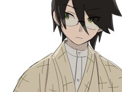  1boy black_hair closed_mouth glasses green_eyes hair_between_eyes highres itoshiki_nozomu japanese_clothes kimono looking_to_the_side magusagari male_focus rimless_eyewear sayonara_zetsubou_sensei shosei simple_background solo upper_body white_background yellow_kimono 