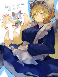  4girls absurdres alternate_costume animal_ears animal_hat blonde_hair blue_dress bow breasts brown_eyes brown_hair cat_ears chen closed_mouth commentary_request dress eneshi enmaided fox_tail hair_bow hat hat_ribbon head_only highres horn_ornament horn_ribbon horns kitsune large_breasts long_hair long_sleeves maid medium_hair mob_cap multiple_girls multiple_tails pantyhose red_bow red_ribbon ribbon sheep_horns signature solo_focus tail touhou toutetsu_yuuma translation_request white_hat white_pantyhose yakumo_ran yakumo_yukari yellow_eyes 