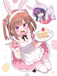  2girls animal_costume animal_ear_hairband animal_ears apron blunt_bangs blush brown_hair brown_shoes cake cake_slice chibi commentary_request dress easter easter_egg egg fake_animal_ears food fork frilled_apron frilled_dress frills full_body hairband highres holding holding_fork holding_plate hoshikuzu_telepath konohoshi_umika long_hair looking_at_viewer ma_tsukasa multiple_girls open_mouth pink_dress plate rabbit_costume rabbit_ear_hairband rabbit_ears raimon_matataki shoes short_dress short_sleeves simple_background strawberry_shortcake thigh-highs two_side_up violet_eyes white_apron white_background white_hairband white_thighhighs zettai_ryouiki 