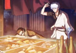  2boys absurdres belt belt_buckle black_belt black_shirt bokken bottle brown_hair brown_kimono buckle crying food gintama hadanugi_dousa hasegawa_taizou highres japanese_clothes kimono lantern long_sleeves male_focus messy_hair multiple_boys red_eyes ribbon_trim sakata_gintoki sake_bottle shirt short_hair short_sleeves sleeping sukima_ka2e sunglasses sword tears weapon white_hair white_kimono wooden_sword 
