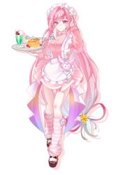  1girl apron aqua_hair breasts brown_shoes cheong_10 commentary_request cyrene_(demiurge)_(honkai:_star_rail) cyrene_(honkai:_star_rail) diamond-shaped_pupils diamond_(shape) food highres holding holding_tray honkai:_star_rail honkai_(series) leg_warmers long_hair looking_at_viewer maid maid_apron maid_headdress medium_breasts mem_(honkai:_star_rail) multicolored_hair pancake pancake_stack parfait pink_hair pink_shirt pink_skirt shirt shoes simple_background skirt smile solo striped_leg_warmers symbol-shaped_pupils tray twitter_username very_long_hair violet_eyes white_apron white_background white_hair 