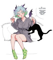  1girl absurdres apricot_the_lich bathrobe black_cat black_nails blush bsapricot cat demon_girl demon_horns demon_wings earrings english_text green_eyes green_hair green_socks grey_hair highres horn_piercing horns indie_virtual_youtuber jewelry multicolored_hair multiple_horns open_mouth pointy_ears purple_horns short_hair sitting socks solo speech_bubble virtual_youtuber white_background wings 