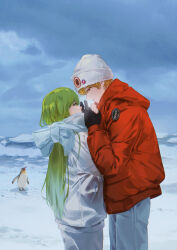  1boy 1other absurdres androgynous antarctica beanie bird black_gloves blonde_hair blue_eyes commentary_request cowboy_shot down_jacket earrings emalfire enkidu_(fate) eye_contact fate/grand_order fate_(series) from_side gilgamesh_(fate) gloves green_hair hat highres holding_hands hood hood_down hooded_jacket jacket jewelry looking_at_another other_with_male outdoors pants penguin profile red_eyes scarf white_hat white_jacket white_pants white_scarf winter_clothes 