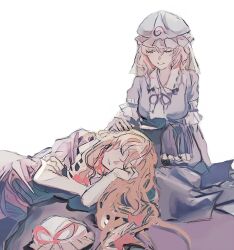  2girls blonde_hair blue_hat blue_kimono breasts closed_eyes closed_mouth commentary_request elbow_gloves frilled_kimono frills gloves hat hat_ribbon headpat highres japanese_clothes kimono lap_pillow long_hair medium_breasts missing_headwear mob_cap multiple_girls onigiri_222x714 pink_hair red_ribbon ribbon saigyouji_yuyuko simple_background sitting sleeping sleeve_garter smile touhou triangular_headpiece unworn_headwear white_background white_gloves white_hat yakumo_yukari yuri 