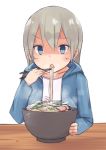  1girl blonde_hair blue_eyes blush bowl chopsticks collarbone eating eila_ilmatar_juutilainen food highres hoodie hot jacket long_hair noodles open_mouth seedflare shirt simple_background solo strike_witches sweat table white_background white_shirt 