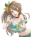  1girl asymmetrical_hair bare_shoulders bikini_top bikini_under_clothes bow breasts brown_hair earrings hair_bow hair_ribbon heart heart_hands jewelry leaning_forward long_hair looking_to_the_side love_live!_school_idol_project midriff minami_kotori mossi open_mouth orange_eyes ribbon side_ponytail solo swimsuit swimsuit_under_clothes 