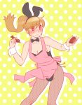  1girl animal_ears apron blush bowtie brown_hair bunnysuit chocolate chocolate_heart detached_collar fishnet_pantyhose fishnets fukusuke_hachi-gou heart highres long_hair original pantyhose ponytail rabbit_ears red_eyes revision valentine wrist_cuffs 