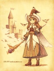  1girl animal_on_head bird bird_on_head boots bow bowtie brown_boots brown_dress brown_eyes brown_hair cape castle clouds commentary dav-19 dress english_commentary gem hat holding holding_staff long_hair looking_up on_head original red_bow red_bowtie solo sparrow staff suzume_(dav-19) web_address white_cape wizard wizard_hat 