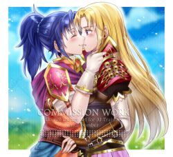  2girls blonde_hair blue_hair blush clarisse_(fire_emblem) closed_eyes female_kris_(fire_emblem) fire_emblem fire_emblem:_new_mystery_of_the_emblem hairband highres holding kiss maji_(majibomber) multiple_girls open_mouth ponytail simple_background smile surprised yuri 