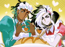  2boys alternate_costume apron black_collar chinese_commentary closed_eyes closed_mouth collar commentary_request dark-skinned_male dark_skin dress earrings eyeshadow food green_dress green_ribbon hair_ribbon hands_up headdress heart heart_hands highres jewelry looking_at_viewer makeup male_focus molymes multiple_boys omelet omurice one_eye_closed piers_(pokemon) pink_dress plate pokemon pokemon_sword_and_shield puffy_sleeves raihan_(pokemon) ribbon short_sleeves smile white_apron 
