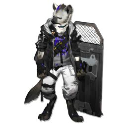  1boy a_gui arknights dog_tags fingerless_gloves full_body furry furry_male gloves hyena_boy hyena_ears hyena_tail infection_monitor_(arknights) jacket male_focus material_growth official_art oripathy_lesion_(arknights) simple_background sitting solo spot_(arknights) third-party_source transparent_background 