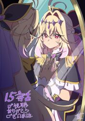  1girl antenna_hair black_capelet blonde_hair broken_mirror brooch capelet closed_eyes closed_mouth commentary_request crack cracked_glass cure_arcana_shadow diamond_hairband dot_mouth earrings frilled_capelet frilled_cuffs frills hair_intakes heart heart_brooch highres jewelry long_hair magical_girl meitantei_precure! mirror moria_luluka pink_eyes pink_hair precure purple_veil reflection shaolong solo translation_request veil very_long_hair 