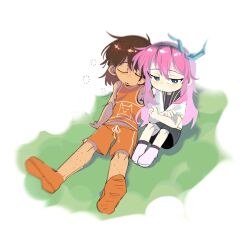  1boy 1girl arm_support aubrey_(faraway)_(omori) aubrey_(omori) black_socks blue_eyes blue_skirt bright_pupils brown_hair chibi chibi_only closed_eyes closed_mouth commentary dark-skinned_male dark_skin denim denim_skirt highres huasuan69416 jacket kel_(faraway)_(omori) kel_(omori) leg_hair long_hair omori open_clothes open_jacket orange_shoes orange_shorts parted_lips pink_hair shoes short-sleeved_jacket short_hair short_sleeves shorts sidelocks sitting skirt sneakers socks squeans white_background white_jacket white_pupils 