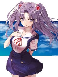  1girl arm_behind_back blue_background blue_skirt blush breasts clannad collarbone commentary_request eyes_visible_through_hair floating_hair forehead hair_bobbles hair_ornament hand_up high-waist_skirt highres hikarizaka_private_high_school_uniform ichinose_kotomi large_breasts long_hair looking_at_viewer open_mouth parted_bangs pleated_skirt purple_hair red_ribbon ribbon sailor_collar sailor_shirt sazamiso_rx school_uniform serafuku shirt short_sleeves sidelocks simple_background skirt solo summer_uniform suspender_skirt suspenders twitter_username two-tone_background two_side_up violet_eyes white_background white_sailor_collar white_shirt 