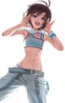  1girl :d antenna_hair belt black_hair blue_eyes blush chain crop_top from_below hands_on_own_face idolmaster kikuchi_makoto midriff navel nekopuchi open_mouth short_hair simple_background smile solo tank_top white_background 