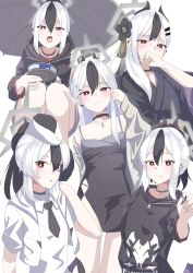  1girl bare_legs black_choker black_hair black_hoodie black_horns black_necktie blue_archive blush can choker closed_mouth cosmos_(rea1ityc0sm0s) covering_own_mouth dress garrison_cap grey_halo hair_ornament halo hand_in_own_hair hat highres holding holding_can hood hoodie horns japanese_clothes kayoko_(blue_archive) kayoko_(dress)_(blue_archive) kayoko_(new_year)_(blue_archive) kimono long_hair looking_at_viewer multicolored_hair necktie open_mouth ponytail red_eyes simple_background single_wing solo two-tone_hair umbrella variations white_background white_hair wings 