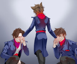  3boys animification antenna_hair bad_id bad_twitter_id beard_stubble belt black_pants blue_coat brown_hair coat commentary_request curtained_hair eddsworld eko_endure facial_hair flipped_hair from_behind gradient_background hair_ears hood hood_down kiss kissing_hand korean_commentary long_sleeves male_focus military_coat military_uniform multiple_boys pants patryck_(eddsworld) paul_(eddsworld) red_belt red_hood red_leader_(eddsworld) red_sweater short_hair simple_background squatting stubble sweater thick_eyebrows tord_(eddsworld) turtleneck turtleneck_sweater walking 