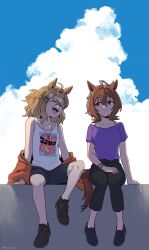  2girls agnes_tachyon_(casual)_(umamusume) agnes_tachyon_(umamusume) ahoge animal_ears bare_shoulders black_pants black_shoes blue_sky bra_strap braid breasts brown_hair casual closed_eyes closed_mouth clouds commentary_request earrings fang hair_between_eyes hair_ornament hairclip half_up_half_down_braid highres horse_ears horse_girl horse_tail jacket jacket_partially_removed jewelry jungle_pocket_(casual)_(umamusume) jungle_pocket_(umamusume) mazu1kan medium_hair multiple_girls necklace notched_ear off-shoulder_shirt off_shoulder open_mouth orange_jacket outdoors pants purple_shirt red_eyes ring ring_necklace shirt shoes single_earring sitting sky smile tail tank_top teeth umamusume upper_teeth_only white_tank_top wolf_cut 