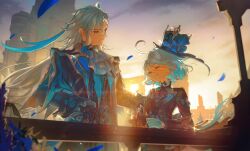  1boy 1girl ahoge ascot asymmetrical_gloves black_gloves blue_ascot blue_gem blue_hair blue_hat blue_jacket blush brooch closed_eyes closed_mouth clouds furina_(genshin_impact) gem genshin_impact gloves hair_between_eyes hat highres jacket jewelry light_particles long_hair mismatched_gloves multicolored_hair neuvillette_(genshin_impact) outdoors pointy_ears revision short_hair sidelocks sky smile streaked_hair sunlight sunset tomanattsu top_hat two-tone_hair upper_body white_ascot white_gloves white_hair 