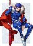  1boy blue_hair earrings fate/stay_night fate_(series) gae_bolg jawaco jewelry lancer long_hair polearm ponytail red_eyes sitting solo spear weapon 