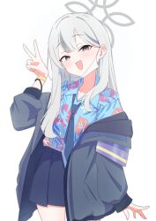  1girl armband blue_archive blue_armband blue_jacket blue_necktie blue_shirt blue_skirt bracelet collarbone collared_shirt commentary_request fuyuka_natsuki grey_eyes grey_hair hair_between_eyes halo hand_up hawaiian_shirt highres jacket jewelry konoka_(blue_archive) long_hair long_sleeves looking_at_viewer mask mask_pull mouth_mask multicolored_hair necktie off_shoulder open_mouth pleated_skirt shirt simple_background skirt solo standing streaked_hair upper_body v white_background white_mask 