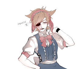  1boy alternate_costume androgynous animification antenna_hair back_bow bad_id bad_twitter_id bishounen blue_dress bow bowtie brown_hair burn_scar collared_shirt commentary_request crossdressing crossdressing_(mtf) dress eddsworld eko_endure eyepatch flipped_hair frilled_hairband frills grey_eyes hair_ears hairband inactive_account jitome korean_commentary korean_text maid male_focus male_maid open_mouth red_bow red_bowtie red_hairband scar shirt short_hair simple_background solo spoilers tord_(eddsworld) translation_request upper_body white_background white_bow white_shirt 
