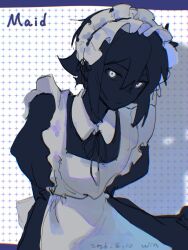  1boy arms_behind_back artist_name black_hair black_skin closed_mouth colored_skin commentary crossdressing crossdressing_(mtf) dated double-parted_bangs english_text enmaided expressionless hair_between_eyes highres looking_at_viewer maid male_focus male_maid o51515o omori short_hair sidelocks solo stranger_(omori) white_eyes 