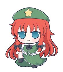  1girl beret black_bow black_bowtie blue_eyes bow bowtie braid closed_mouth collared_shirt commentary_request dounaga_nuko full_body fumo_(doll) green_hat green_skirt green_vest hair_bow hat hat_ornament highres hong_meiling leg_up long_hair looking_at_viewer red_hair shirt simple_background skirt smile solo standing standing_on_one_leg star_(symbol) star_hat_ornament touhou transparent_background twin_braids very_long_hair vest white_shirt 