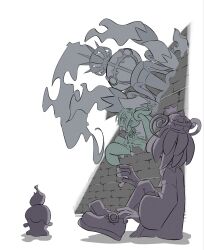  ^^^ against_wall candle chandelier chandelure ghost ghost_miku_(project_voltage) ghost_type_theme_(pokemon) grey_theme gwynn_(pokemon) hat hatsune_miku highres ida_(idalol490) litwick mega_chandelure muted_color pokemon pokemon_legends:_z-a project_voltage shoes twintails vocaloid white_background 
