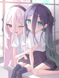  2girls aris_(blue_archive) black_hair black_thighhighs blue_archive blue_eyes blue_necktie blush collared_shirt commentary_request dot_nose fang hair_between_eyes hairband halo highres kei_(blue_archive) kei_(new_body)_(blue_archive) long_hair multiple_girls necktie open_mouth pink_eyes ringed_eyes sakusakutomato shirt side_ponytail skin_fang skirt thigh-highs white_hair white_shirt 