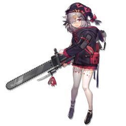  1girl animal_bag animal_ear_legwear arknights arms_up backpack bag black_hat bow braid chainsaw child eyepatch film_grain full_body grey_hair hair_between_eyes hair_bow hair_ornament hair_over_one_eye handbag hat holding holding_weapon hood hoodie infection_monitor_(arknights) jacket long_hair long_sleeves looking_at_viewer official_art open_mouth orange_bow pleated_skirt popukar_(arknights) rabbit_bag rabbit_ear_legwear rabbit_hair_ornament red_bow red_eyes red_skirt short_hair simple_background skirt solo tachi-e thigh-highs third-party_source weapon white_background white_thighhighs xiayehongming 