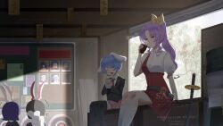  +++ 4girls :3 absurdres animal_ears belt black_belt black_jacket black_thighhighs blazer blue_hair collared_shirt commentary crescent crescent_pin cup dress english_commentary floppy_ears food glasses hair_ribbon highres holding holding_cup holding_food holding_sandwich houraisan_kaguya jacket katana kneehighs long_hair looking_at_viewer moon_rabbit_extra_(touhou) multiple_girls necktie no_noru photo_(object) pink_hair pink_skirt pleated_skirt ponytail puffy_short_sleeves puffy_sleeves rabbit_ears rabbit_girl red_dress red_eyes red_necktie reisen_(touhou_bougetsushou) reisen_udongein_inaba remilia_scarlet ribbon sample_watermark sandwich sheath sheathed shirt short_hair short_sleeves single_strap sitting skirt socks steam sword target thigh-highs touhou watatsuki_no_yorihime watermark weapon white_shirt white_socks yagokoro_eirin yakumo_yukari yellow_ribbon 
