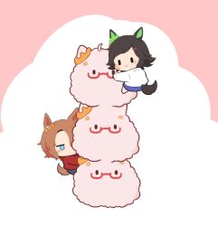  2girls :3 animal_ears biwa_hayahide_(umamusume) black_hair blue_eyes blue_shorts blush bnw_(umamusume) brown_hair chibi chibi_only closed_mouth commentary_request ear_ribbon full_body glasses gomashio_(goma_feet) green_ribbon hair_ornament hairclip horse_ears horse_girl horse_tail jitome long_sleeves multiple_girls narita_taishin_(umamusume) no_mouth red-framed_eyewear red_shirt ribbon semi-rimless_eyewear shirt short_hair shorts smile tail umamusume under-rim_eyewear white_shirt winning_ticket_(umamusume) yellow_ribbon |_| 