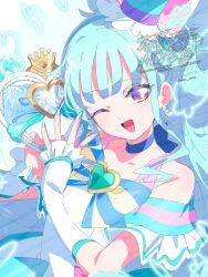 1girl :d amity_ribbon_tamourine aqua_hair aqua_hairband aqua_hat aqua_nails arm_warmers blue_choker bow brooch choker cure_lillian dress dress_bow frilled_arm_warmers frills hairband hat heart heart_brooch highres jewelry long_hair looking_at_viewer mini_hat mini_top_hat nekoyashiki_mayu one_eye_closed open_mouth pink_eyes ponytail precure princess queen serizawa_serizane smile solo top_hat very_long_hair white_arm_warmers white_dress wonderful_precure!