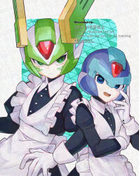  2boys apron black_dress blue_background blue_eyes blue_helmet commentary_request cowboy_shot dress facial_mark forehead_jewel green_eyes green_helmet helmet male_focus mega_man_(series) mega_man_zero_(series) multiple_boys sage_harpuia_(mega_man) watermark x_(mega_man) yamanashi_taiki 