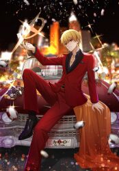  1boy arm_support belt_buckle black_shoes blonde_hair blurry blurry_background bracelet breast_pocket buckle buttons car clenched_teeth commentary_request confetti cross_akiha cup drinking_glass earrings fate/strange_fake fate_(series) fingernails gilgamesh_(fate) gold_bracelet gold_earrings gold_necklace hand_up highres holding holding_cup jacket jewelry knee_up long_sleeves male_focus motor_vehicle necklace open_collar outdoors pants parted_lips pocket poker_chip red_eyes red_jacket red_pants revision shoes short_hair sitting smile solo teeth wine_glass wing_collar 