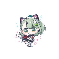  1girl angel_wings animal_ears arikuigames1105 black_dress cat_ears chibi chibi_only closed_mouth commentary_request dress frilled_wrist_cuffs frills full_body green_eyes green_hair hair_ornament highres maid maid_day maid_headdress short_hair short_sleeves simple_background solo standing sunna_(zenless_zone_zero) thigh-highs white_background white_thighhighs wings wrist_cuffs zenless_zone_zero 